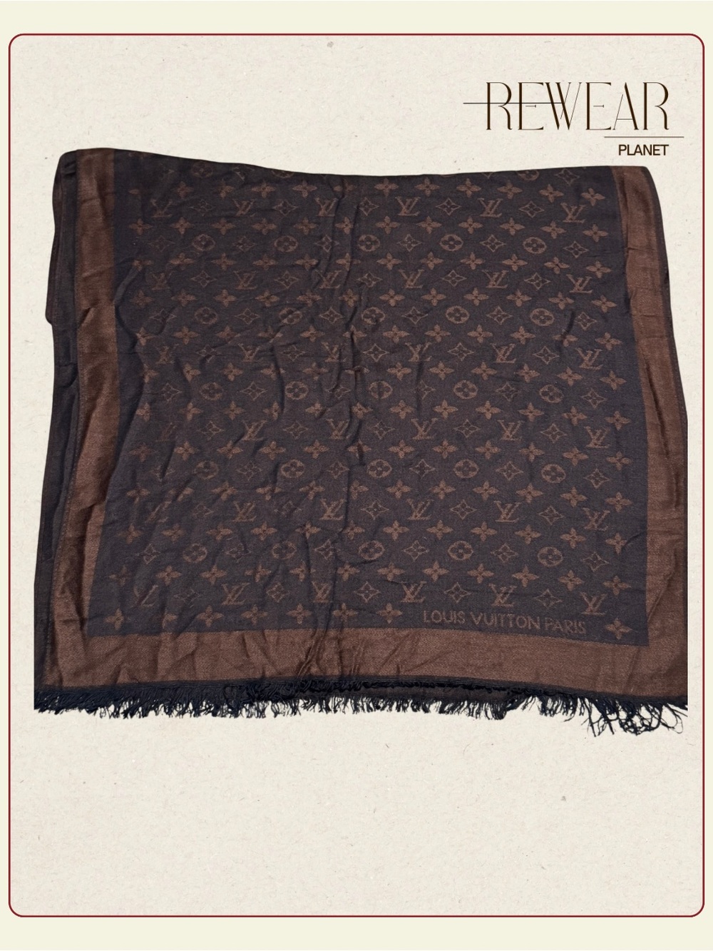 Louis Vuitton Monogram Silk Blend Fringe Scarf Shawl Brown Black 68” x 26”